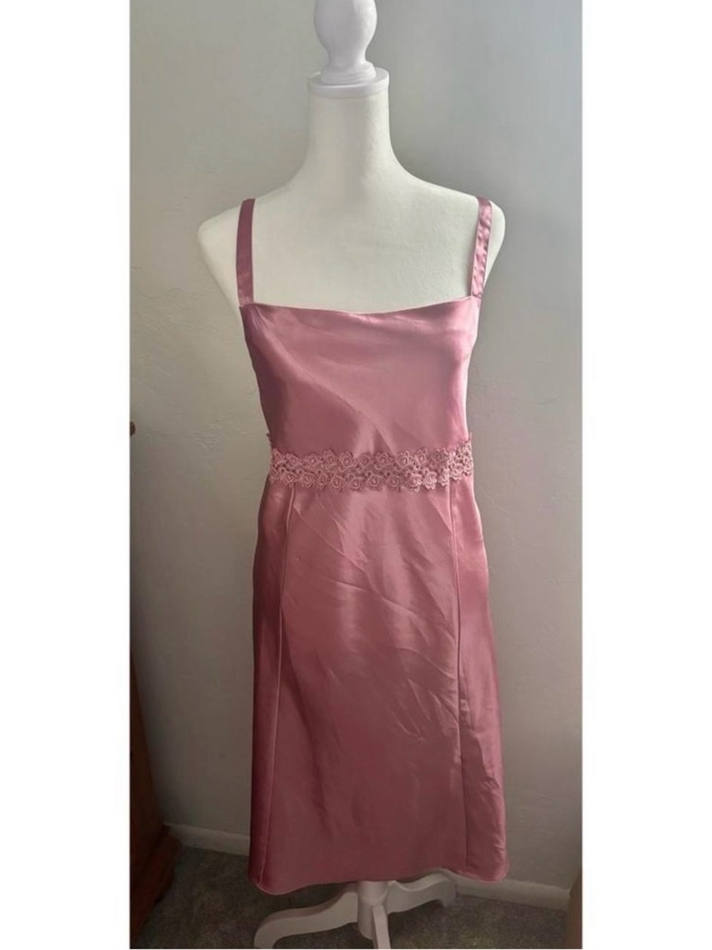 Vintage Silky Rose Pink Slip Dress with Lace Waist